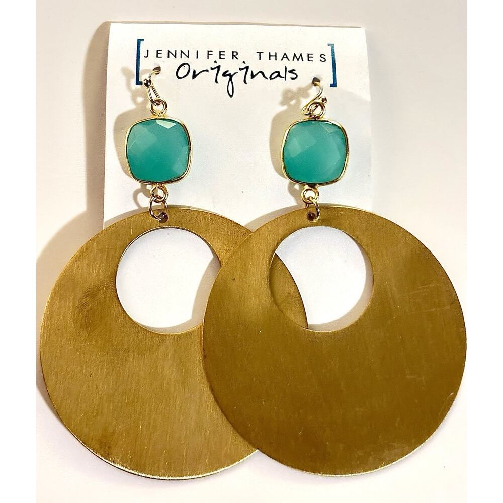 Jennifer Thames Originals Aqua & Gold Statement Earrings - Picture 2 of 5